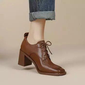 Туфли-лодочки для зрелых женщин, модные офисные туфли на толстом каблуке с квадратным носком, из натуральной кожи, на шнуровке, женская обувь 2024 года, весна-осень 34 чёрный