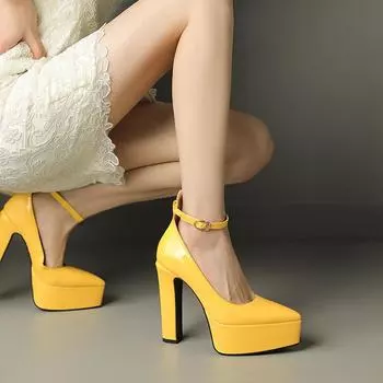 Туфли-лодочки из глянцевой лакированной кожи женские на очень высоком каблуке с толстой подошвой на платформе женские туфли с острым носком и пряжкой на щиколотке для вечеринки и свадьбы 34