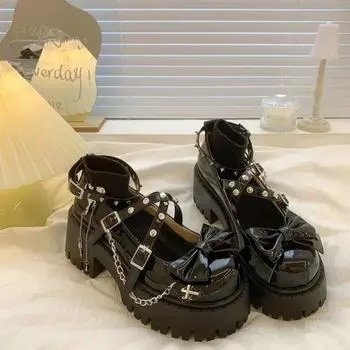 Туфли-лодочки из кожи в стиле панк с толстой подошвой и заклепками для женщин, новые летние туфли Мэри Джейн на платформе для девочек 35