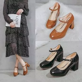 Туфли-лодочки из лакированной кожи весна-осень Туфли Мэри Джейн Женские туфли с пряжкой на высоком каблуке Туфли на платформе в стиле ретро Лолита Женские туфли на каблуках 34 чёрный