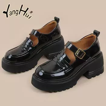 Туфли-лодочки из мягкой кожи на толстом каблуке, универсальные повседневные туфли Мэри Джейн на платформе в британском стиле для женщин 2024 года, новая мода, весна-осень 34 бежевый