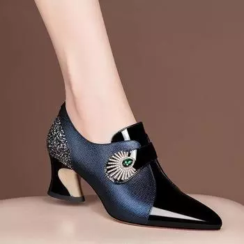 Туфли-лодочки из мягкой кожи со стразами и глубоким носком на среднем каблуке, женские туфли с толстым каблуком, подходящие по цвету, с острым носком, женские кожаные туфли с боковой молнией для мам 34 синий