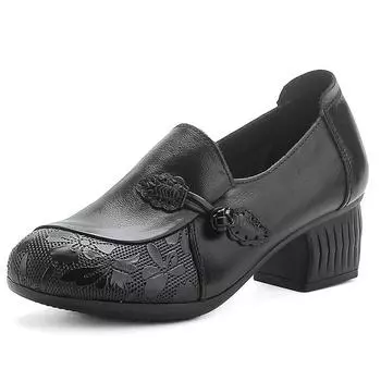 Туфли-лодочки из натуральной кожи на винтажном блочном каблуке, женские, с закрытым круглым носком, удобные, без застежек, на толстом каблуке, повседневные, для мам, для ежедневных путешествий 35 чёрный