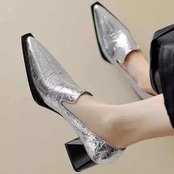 Туфли-лодочки из натуральной кожи женские черные серебристые на низком каблуке повседневные британские оксфордские туфли для женщин лоферы новинка 2024 весна осень 35 чёрный