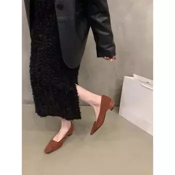 Туфли-лодочки из замши с квадратным носком на толстом каблуке, женские туфли 2024 года, новые весенние, осенние и зимние, черные, французские туфли на среднем каблуке для поездок на работу 35 чёрный