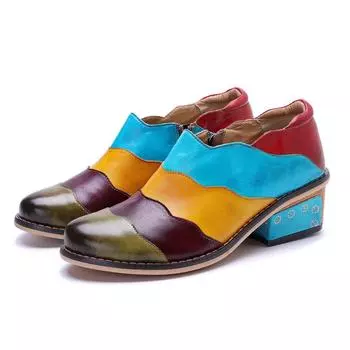 Туфли-лодочки Johnature из натуральной кожи в стиле ретро, разноцветные, с круглым носком, на толстом каблуке, удобная повседневная обувь ручной работы 36 разноцветный