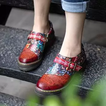 Туфли-лодочки Johnature из натуральной кожи, разноцветные, с круглым носком, женская обувь ручной работы с винтажным принтом 36 красный