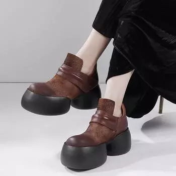 Туфли-лодочки Johnature из натуральной кожи в стиле ретро с круглым носком и толстой подошвой, женские туфли на толстом каблуке 39 чёрный