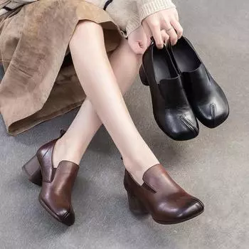 Туфли-лодочки Johnature на высоком каблуке из натуральной кожи в стиле ретро, удобные женские туфли для поездок на работу 35 чёрный