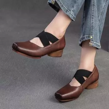 Туфли-лодочки Johnature Retro из натуральной кожи, универсальные, с квадратным носком и эластичной резинкой, на среднем каблуке, женские 35 бежевый