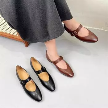 Туфли-лодочки Johnature Retro Mary Jane с острым носком из натуральной кожи ручной работы на низком каблуке 35 чёрный