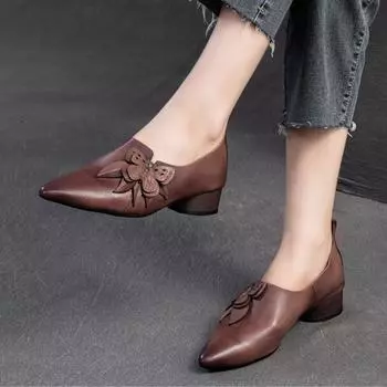 Туфли-лодочки Johnature с острым носком и каблуком-рюмочкой из натуральной кожи в стиле ретро, универсальные женские туфли без застежек для поездок на работу 35 серый