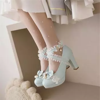 Туфли-лодочки Лолита с перекрестными ремешками и круглым носком на платформе, толстый высокий каблук, кавайная пряжка с оборками и бантом, женская обувь для косплея, весна-осень 33 бежевый