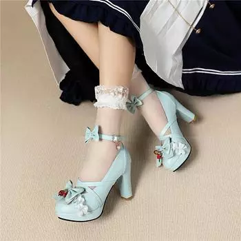 Туфли-лодочки Лолита с ремешком на щиколотке, женская обувь в стиле Лолиты на платформе, с круглым носком, на толстом высоком каблуке, кавайный ремешок с пряжкой и бантом, женская обувь для косплея, лето 33 чёрный
