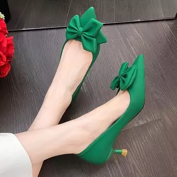 Туфли-лодочки Lucyever Bowknot Green для женщин 2024 года, модные туфли с острым носком на высоком каблуке, женские туфли из искусственной кожи для офиса 34 зелёный