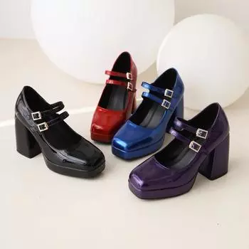 Туфли-лодочки Мэри Джейн из лакированной кожи на высоком массивном каблуке с квадратным носком, женские туфли-лодочки с двойной пряжкой и кристаллами 34
