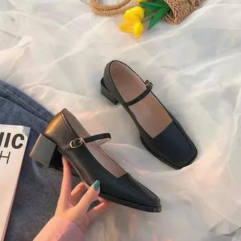 Туфли-лодочки Мэри Джейн с квадратным носком, женские, сандалии на среднем каблуке с пряжкой, летние и весенние кожаные туфли на каблуках 35 абрикосовый