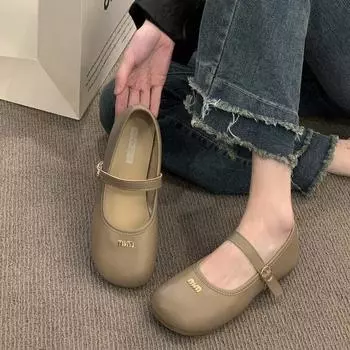 Туфли-лодочки Мэри Джейн с застежкой в стиле ретро, женские, весна-осень 2025 года, мягкие, с плоской подошвой, с круглым носком, маленькие кожаные туфли для бабушек 35 чёрный