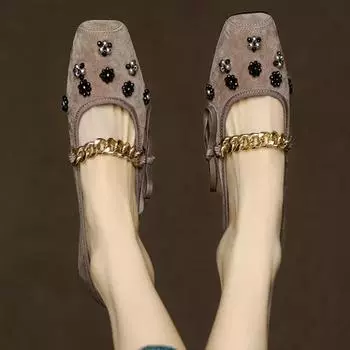 Туфли-лодочки Mary Janes с квадратным носком и цепочкой, женские туфли 2024 года, высококачественные туфли-лодочки на весну/осень Sapatos Mary Jane 35 абрикосовый