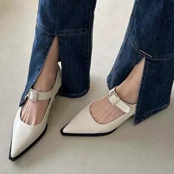 Туфли-лодочки Mary Janes женские с острым носком и пряжкой на высоком каблуке, модные туфли для вечеринок на низком каблуке, женская свадебная обувь 2024 34 бежевый