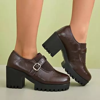Туфли-лодочки Muffin с толстым каблуком и глубоким горлом, женские, осенние, большого размера, толстая подошва, британские, маленькие, кожаные туфли 35 коричневый