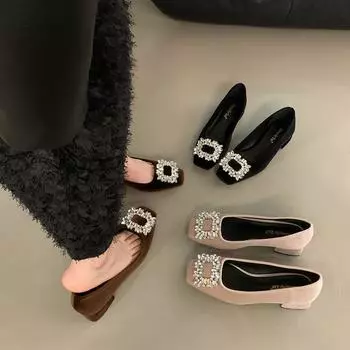 Туфли-лодочки на грубом каблуке со стразами, французские, темпераментные, женские, весна-осень 2025, черные, квадратные, высокого класса, для поездок на работу 35 абрикосовый