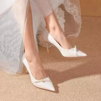 Туфли-лодочки на каблуке белые туфли для женщин 2024 женская летняя обувь жемчужные высокие каблуки свадебные туфли невесты Stilito качество стильный A 34