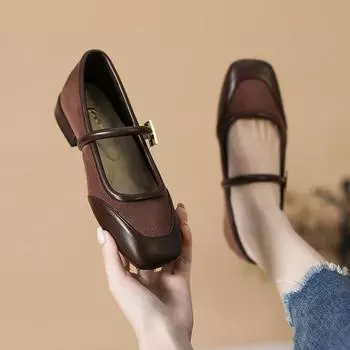 Туфли-лодочки на низком толстом каблуке для женщин Туфли Мэри Джейн Повседневные нескользящие балетки для ходьбы с ремешком на щиколотке Женские туфли для работы с квадратным носком 34 чёрный