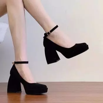 Туфли-лодочки на платформе розового цвета для женщин на высоком каблуке с пряжкой на ремешке, туфли Мэри Джейн для вечеринок в готическом стиле на толстом каблуке, женские 2024 35 чёрный