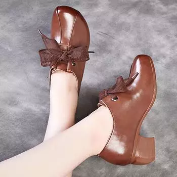 Туфли-лодочки на шнуровке, на толстом каблуке, с мягкой подошвой, кожаные туфли из коровьей кожи, женские туфли в стиле ретро 35 чёрный