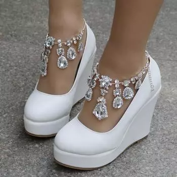 Туфли-лодочки на танкетке с ремешком на щиколотке, большие размеры, свадебные женские туфли на платформе со стразами, туфли Мэри Джейн на высоком каблуке 35 синий