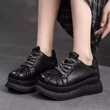 Туфли-лодочки на толстой подошве 6,5 см, весна и осень 2024 г., новые кожаные универсальные туфли на платформе и шнуровке в стиле ретро для женщин 35 чёрный