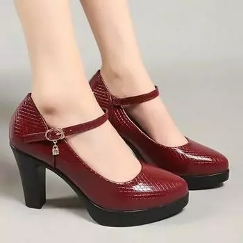 Туфли-лодочки на толстом каблуке с ремешком на щиколотке для женщин 2024 года, офисные туфли на высоком каблуке из искусственной кожи, элегантные женские туфли на платформе Jane Shoes Casual 35 бежевый