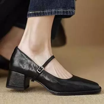 Туфли-лодочки на толстом каблуке в стиле ретро с пряжкой, весна-осень, женская обувь 2024 года, простые французские туфли на каблуке 5 см, туфли-лодочки из овчины в корейском стиле 35 чёрный