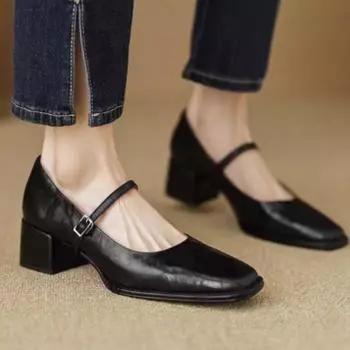 Туфли-лодочки на толстом каблуке в стиле ретро с пряжкой, весна-осень, женская обувь 2024 года, простые французские туфли на каблуке 5 см, туфли-лодочки из овчины в корейском стиле 35 чёрный