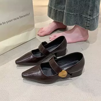 Туфли-лодочки на толстом каблуке во французском стиле с неглубоким носком для женщин, весенние новые модные туфли Мэри Джейн с острым носком, маленькие кожаные туфли 35