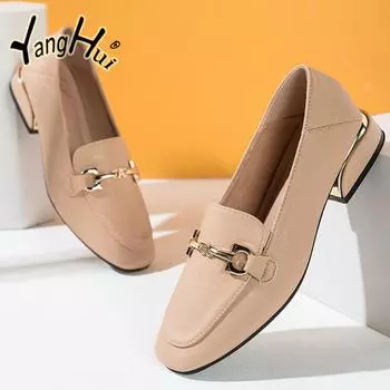 Туфли-лодочки на толстом квадратном каблуке в британском стиле, новинка 2024 года, модные повседневные туфли цвета хаки с круглым носком, женские туфли Мэри Джейн, весна-осень 35 абрикосовый