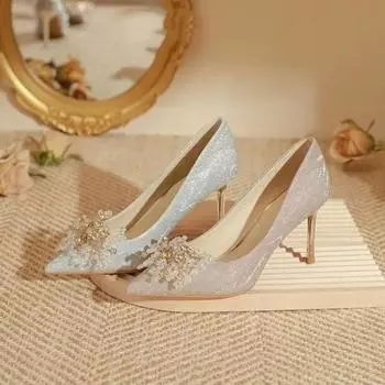 Туфли-лодочки на тонком каблуке с блестящей пряжкой, женские модные туфли с жемчужными цветами и свадебными туфлями с острым носком, высокие 35 шампанского