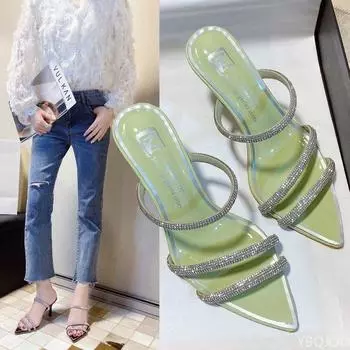 Туфли-лодочки на тонком каблуке с острым носком для женщин. Туфли-лодочки на высоком каблуке. Новые летние пляжные женские шлепанцы. Шлепанцы. Женские модельные туфли. 34 зелёный