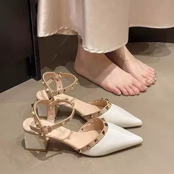 Туфли-лодочки на высоком каблуке, полые, на среднем каблуке, удобные одинарные туфли, с острым носком, с ремешком на щиколотке, с сумкой-головой «ива», сандалии, женские, на толстом каблуке 35