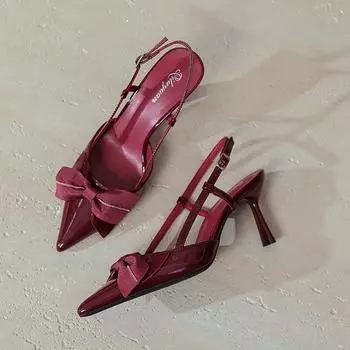 Туфли-лодочки на высоком тонком каблуке с острым носком и ремешком, женские, новые, большого размера, с бантом, пустые, одинарные туфли 35 бордовый