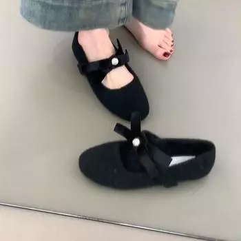 Туфли-лодочки с бантом и плоским дном черного бархата серого цвета с одной педалью, легкие туфли Мэри Джейн, женские пушистые туфли из бархата на осень и зиму 35 чёрный