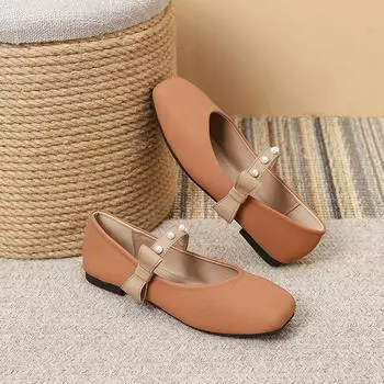 Туфли-лодочки с бантом и плоской подошвой. Женские французские туфли Mary Jane Pearl с мягкой подошвой и небольшим носком. Туфли-лодочки большого размера. 35 коричневый