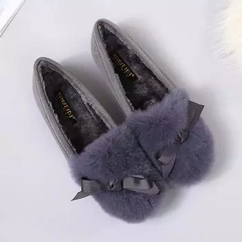 Туфли-лодочки с бантом из кроличьего меха женские с круглым носком мокасины из плюша и хлопка женские теплые мокасины с мехом без застежек большие размеры 35-43 5 чёрный