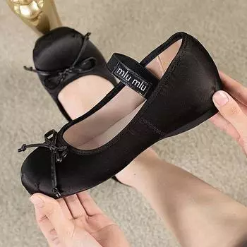Туфли-лодочки с французским бантом и толстой внутренней подошвой, увеличивающие рост, для женщин, весна 2025, новые балетки Мэри Джейн из шелка и атласа с круглым носком 35