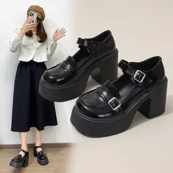 Туфли-лодочки с круглым носком и толстой подошвой на высоком каблуке для колледжа, толстые туфли с пряжкой на ремне, женские туфли, модная женская летняя дышащая обувь 35
