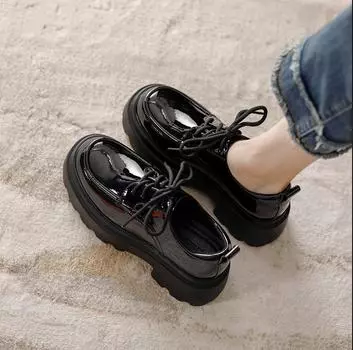 Туфли-лодочки с круглым носком, высокие мокасины на шнуровке, туфли-буфы на платформе, маленькие кожаные туфли для женщин в британском стиле, осень и зима, черные 34