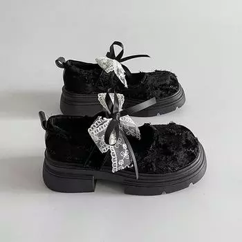 Туфли-лодочки с кружевом и двойным бантом, маленькие кожаные туфли, весна-лето, новые, на толстом каблуке, подходящие к юбке, женская модная обувь 35