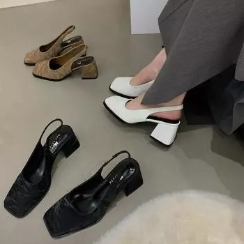 Туфли-лодочки с квадратной головкой и неглубоким толстым каблуком, женские босоножки на среднем каблуке для ранней весны, вечерний бриз, темперамент, тонкий высокий каблук 35 хаки