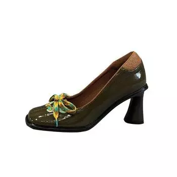 Туфли-лодочки с квадратным бантом на высоком каблуке, женские, мягкая кожа, ретро, универсальные, со шнуровкой, на толстом каблуке, европейские женские туфли 2024 года, весна и осень, новая модель 34